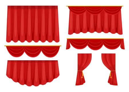 Trendy red curtains flat pictures collection. Cartoon fabric drapery for stage background in movie or opera isolated vector illustrations. Decoration and interior elements conceptのイラスト素材