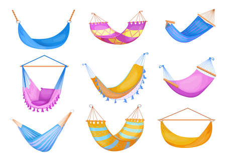 Stylish collection of hammocks flat pictures for web design. Cartoon beach swinging hammocks for resting isolated vector illustrations. Summer recreation and relaxation conceptのイラスト素材