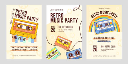 Stylish invitation designs for retro music party. Creative festive holiday invitations with audio cassettes. Retro music and audio equipment concept. Template for leaflet, banner or flyerのイラスト素材