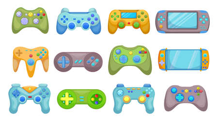 Creative video game controllers flat pictures set for web design. Cartoon joysticks, consoles and...