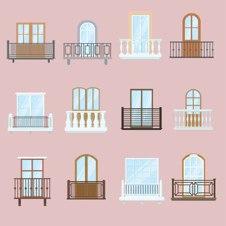 Windows and balconies set. Classic and old vintage architecture balconies with fence railings decor design. Flat vector illustration. Building facade decoration conceptのイラスト素材