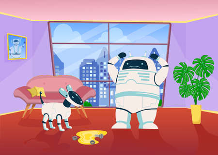 Angry robot scolding mechanical dog for peeing on floor at home. Cute digital cyborgs mascots. Flat vector illustration. Futuristic robotic technology conceptのイラスト素材