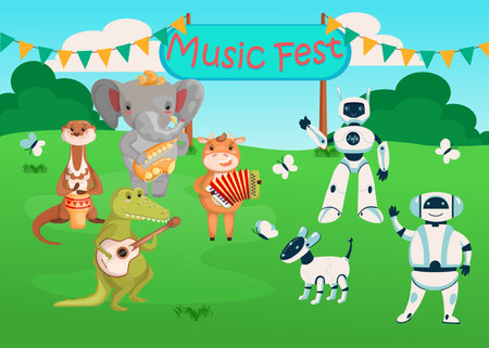 Robots and animals musicians playing musical instruments at music fest concert. Cute digital cyborgs mascots. Flat vector illustration. Futuristic robotic technology conceptのイラスト素材