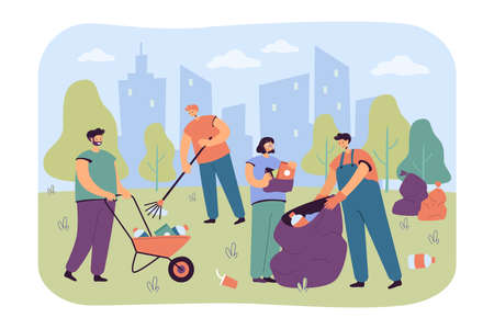 Happy volunteers cleaning city park from garbage isolated flat vector illustration. Cartoon people collecting trash or rubbish on nature together. Volunteering and ecology community conceptのイラスト素材