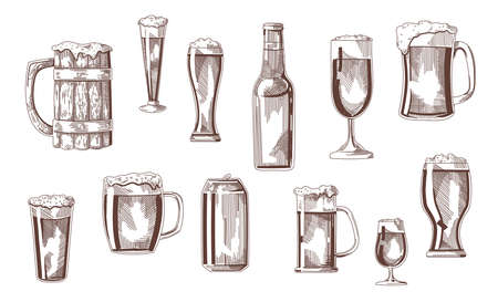Beer drink in glasses, pints, mugs, can sketch set. Vintage beverages vector illustration. Hand drawn elements collection. Brewery conceptのイラスト素材