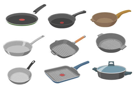 Frying pan vector illustrations set. Collection of different pans with and without handle, wok, skillet, saucepan isolated on white background. Cooking, kitchen tools concept for banner or websiteのイラスト素材