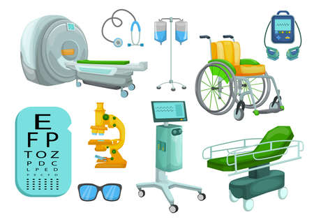 Set of hospital medical equipment and devices vector cartoon. Tomograph, scanner, X-ray, MRI, fluorography, mammography. Health system, medical concept for advertising, appsのイラスト素材