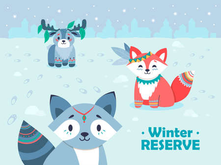Winter snowy background design with cute tribal animals. Smiling forest characters sitting on snow. Forest wildlife and woodland concept. Template for promotional or invitation web pageのイラスト素材