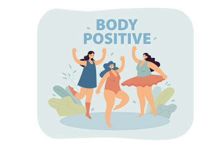 Positive plus size women in bikini and swimsuit dancing. Flat vector illustration. Happy fat girls representing active lifestyle and beauty diversity. Body positive, healthy, fashion conceptのイラスト素材