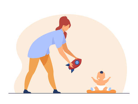Happy mother giving toy to little baby. Rocket, infant, mom flat vector illustration. Motherhood and infancy concept for banner, website design or landing web pageのイラスト素材