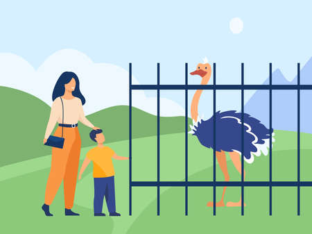 Cute kid with mother watching ostrich in zoo. Cage, bird, wildlife flat vector illustration. Holiday and animals concept for banner, website design or landing web pageのイラスト素材