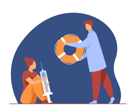 Doctor helping woman with drug addiction. Syringe, life preserver, habit flat vector illustration. Medicine and rehabilitation concept for banner, website design or landing web pageのイラスト素材
