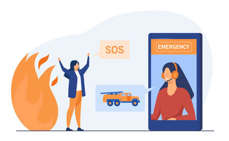 Woman calling for help to emergency service. Fire, SOS, smartphone flat vector illustration. Firefighting and rescue concept for banner, website design or landing web pageのイラスト素材