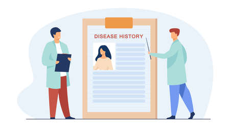 Tiny doctors studying disease history. Patient, physician, treatment flat vector illustration. Medicine and healthcare concept for banner, website design or landing web pageのイラスト素材