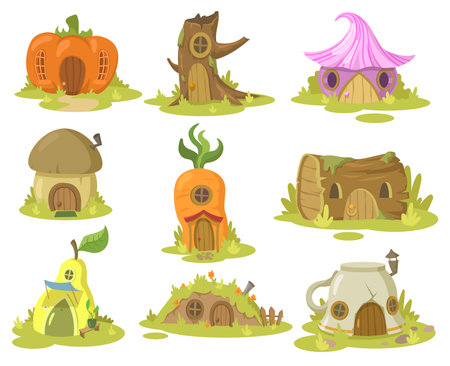Fantasy house illustrations set. Collection of fairy houses for elf or gnome in various shapes on white background. Magic, fairytale, childhood conceptのイラスト素材