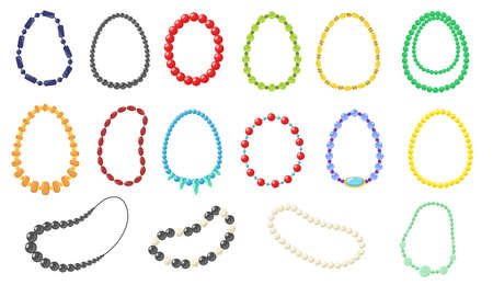 Women necklace vector illustrations set. Collection of fashionable necklaces made of gold, silver, pearl, beads on white background. Beauty, jewelry, accessory concept for web designのイラスト素材