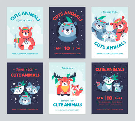 Colored celebration party invitation designs with tribal animals. Creative holiday invitations with animals wearing accessories. Wildlife and woodland concept. Template for leaflet, banner or flyerのイラスト素材