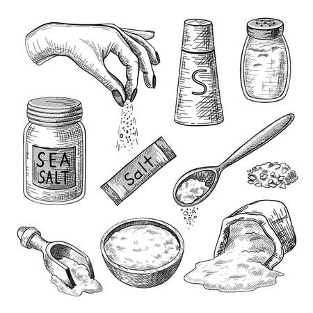 Sea salt engraved illustrations set. Hand drawn sketch of glass bottles, packages, bag, bowl, spoons with salt, hand seasoning dish on white background. Cooking, spice, health conceptのイラスト素材