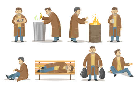Homeless man in various poses collection. Poor adult homeless male character starving, drinking and sleeping isolated illustrations. Jobless, poverty, unemployment, trouble conceptのイラスト素材
