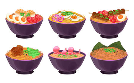 Japanese noodles in bowls vector illustrations set. Collection of Asian food, ramen, udon, soba, tendon isolated on white background. Traditional Japanese food, noodles, Asian cuisine conceptのイラスト素材