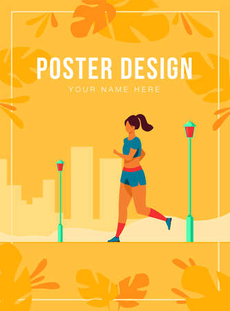 Runner training outdoors. Sporty girl running down city park pathway in morning. Vector illustration for health, active lifestyle, morning exercise, jogging conceptのイラスト素材