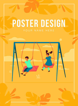 Cute girl and boy swinging and enjoying holiday isolated flat vector illustration. Cartoon happy friends playing on playground. Nature camp and weekend conceptのイラスト素材