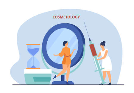Happy tiny woman getting injection against wrinkles. Mirror, syringe, cream flat vector illustration. Cosmetology and beauty concept for banner, website design or landing web pageのイラスト素材