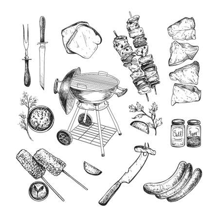 Food and grill for barbeque engraved illustrations set. Hand drawn sketch of grill, meat, beef, sauce, vegetables isolated on white background. Barbeque party, cafe, restaurant, grilled food conceptのイラスト素材