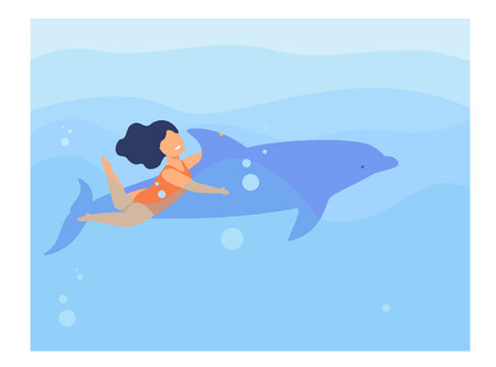 Happy little girl swimming with dolphin. Fish, sea, water flat vector illustration. Marine animals and swimming concept for banner, website design or landing web pageのイラスト素材