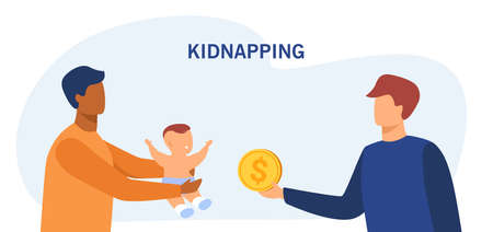 Robber asking money for kidnapped baby. Outlaw, infant, coin flat vector illustration. Kidnapping and crime concept for banner, website design or landing web pageのイラスト素材