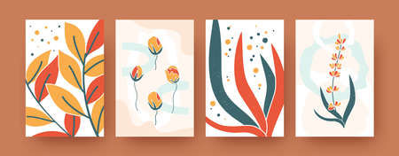 Set of abstract botanical shapes in pastel colors. Minimal beautiful floral templates in retro background. Nature and greenery concept for social media, postcards, invitation cardsのイラスト素材