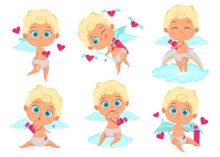 Cute Cupid cartoon character set. Angel boy with bow and arrows smiling and flying among hearts. Collection of vector drawings. Love, romance, Valentines day concept.のイラスト素材