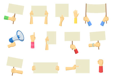 Hands holding protest placards and megaphone. Activists with blank banners or manifestation signs for demonstration or riot isolated on white background. Politics, demonstration, freedom conceptのイラスト素材