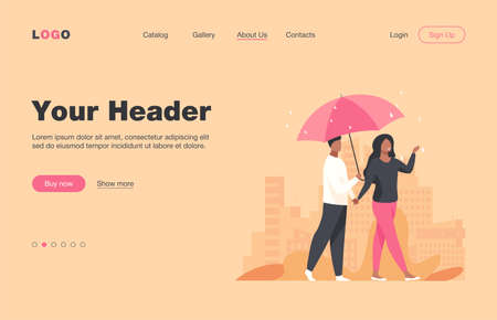 Young couple walking under umbrella in rainy day. City, date, street flat vector illustration. Weather and urban lifestyle concept for banner, website design or landing web pageのイラスト素材