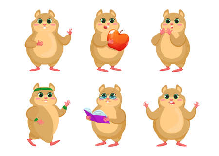 Cute hamster character vector illustrations set. Small cartoon animal standing, eating apple, reading book, doing sports isolated on white background. Animals, pets, mascot conceptのイラスト素材