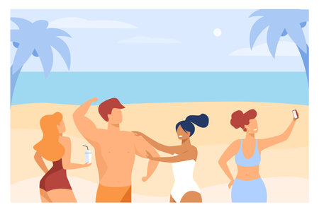 Group of friends having fun on beach. People at seaside chatting, taking selfie, touching biceps flat vector illustration. Beach party, vacation concept for banner, website design or landing web pageのイラスト素材