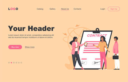 Business partners meeting. Businesspeople meeting for signing contract flat vector illustration. Employment, deal, partnership concept for banner, website design or landing web pageのイラスト素材