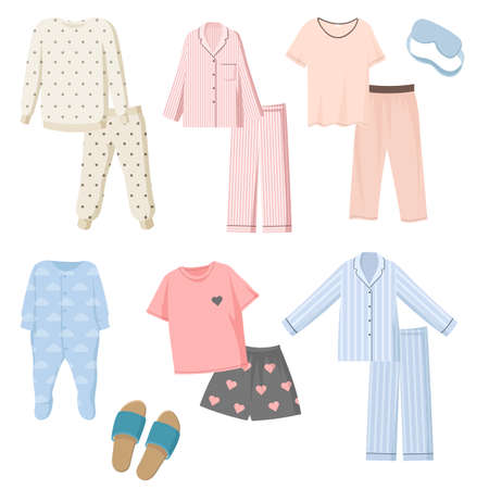 Cartoon pajamas for kids and adults vector illustrations set. Collection of pants and shirts for...