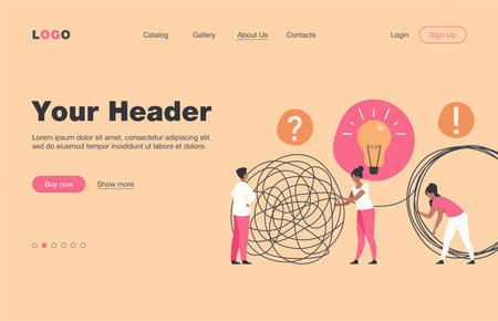 Team of crisis managers solving businessman problems. Employees with lightbulb unraveling tangle. Vector illustration for teamwork, solution, management conceptのイラスト素材