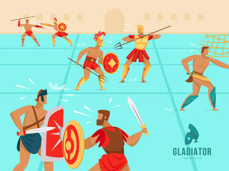 Colorful background design with gladiators fighting in Coliseum. Ancient armed Spartan warriors in battle. Gladiators, fencing club, competition concept for promotional or invitation web pageのイラスト素材