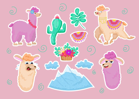 Colorful sticker set with llamas. Cute furry wild animals, mountain, clouds, flowers, cactus isolated on pink background. Peru, Mexico, nursery design for children conceptのイラスト素材