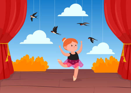 Cute little ballerina dancing on stage with decorations. Cartoon vector illustration. Girl dancing on scene with flying paper swallows, clouds above her head. Nature, animal, dancing, ballet conceptのイラスト素材