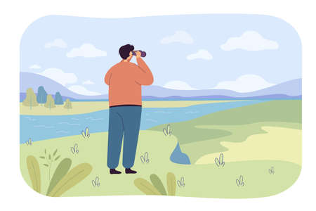 Back view of man exploring nature in binoculars flat vector illustration. Cartoon character looking for or searching new horizons and life goals. Travel, discovery and exploration conceptのイラスト素材