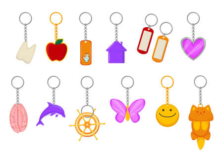 Different metallic keychains vector illustrations set. Collections of keyrings, cute objects on...