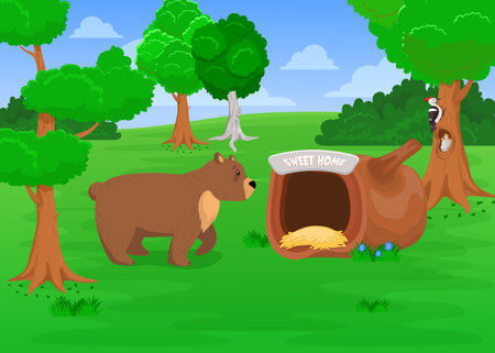 Wild grizzly bear going to den. Cartoon vector illustration. Cute wild bear walking to sweet home, nest with baby birds in tree in background. Nature, wild animal, zoo, home concept for banner designのイラスト素材