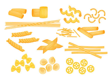 Different types of Italian pasta flat vector illustrations set. Raw macaroni, penne, farfalle, ziti, fusilli, spaghetti isolated on white background. Italian cuisine, pasta, food, restaurant conceptのイラスト素材