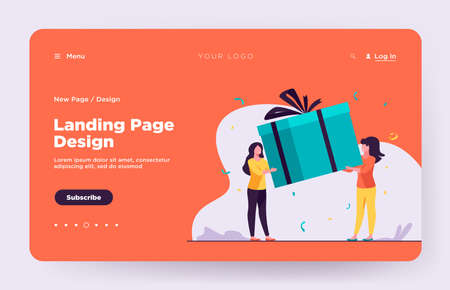 Tiny women holding gift box. Present, ribbon, happiness flat vector illustration. Celebration and holiday concept for banner, website design or landing web pageのイラスト素材