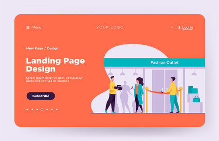 Outlet opening ceremony. Man cutting red ribbon, journalist, cameraman flat vector illustration. Fashion news, reportage, shopping concept for banner, website design or landing web pageのイラスト素材