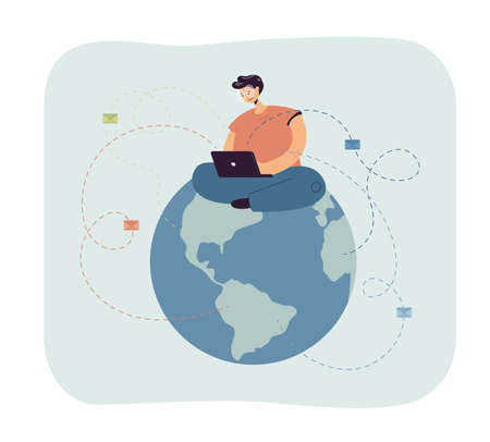 Man sitting on globe and sending emails. Male character with laptop writing letters flat vector illustration. Communication, global network concept for banner, website design or landing web pageのイラスト素材