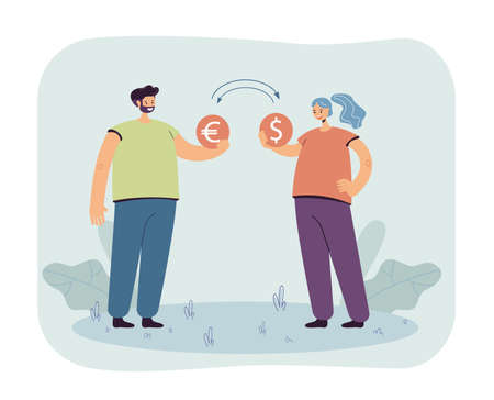 Man and woman exchanging money. Male character giving euro coin, female with dollar coin flat vector illustration. Currency exchange, finance concept for banner, website design or landing web pageのイラスト素材